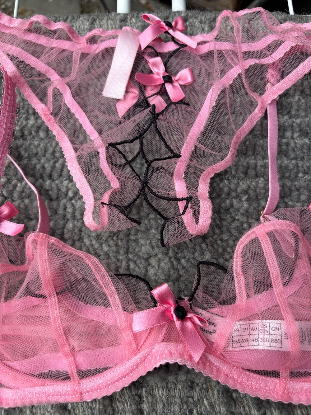 Sheer Pink Lace Bra & Panty Set with Decorative Bows